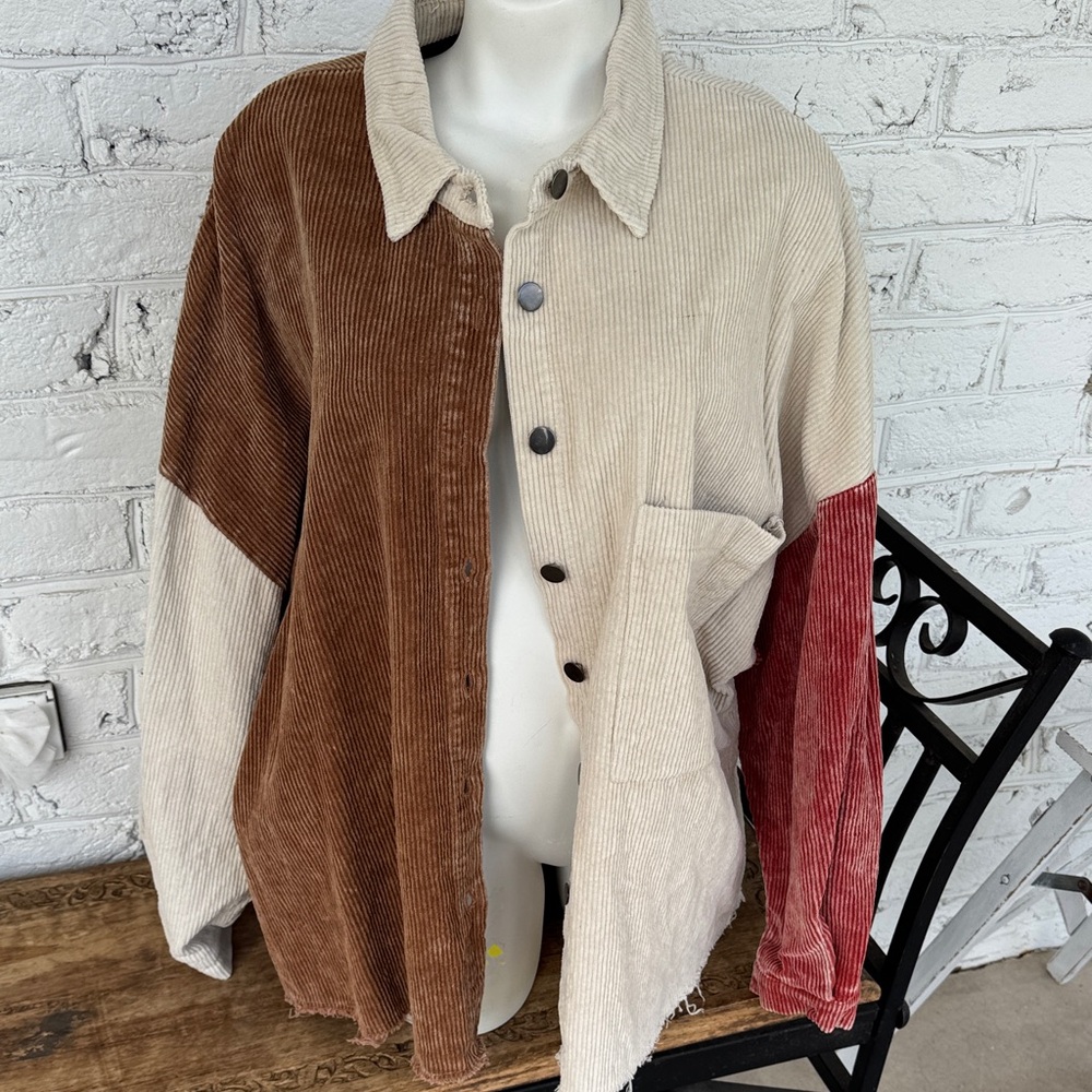 POL Colorblock Corduroy Shirt Jacket - Brown/Cream/Red
